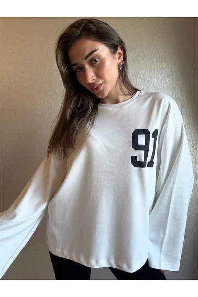 91 Baskılı Oversize Uzun Kollu Sweatshirt
