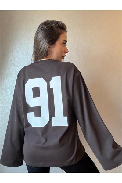 91 Baskılı Oversize Uzun Kollu Sweatshirt