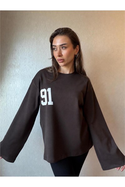 91 Baskılı Oversize Uzun Kollu Sweatshirt