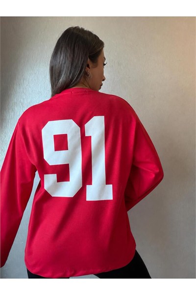 91 Baskılı Oversize Uzun Kollu Sweatshirt
