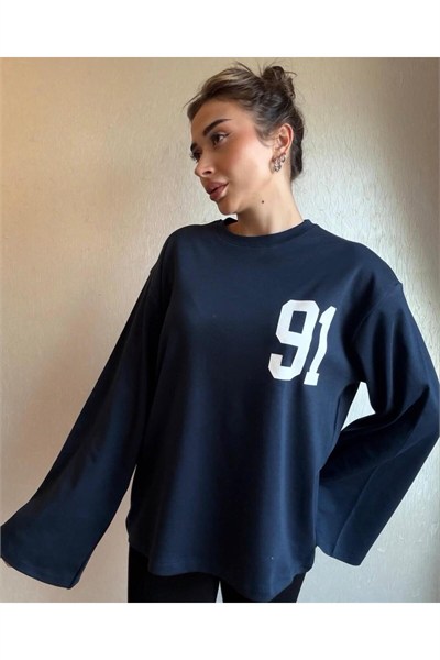91 Baskılı Oversize Uzun Kollu Sweatshirt