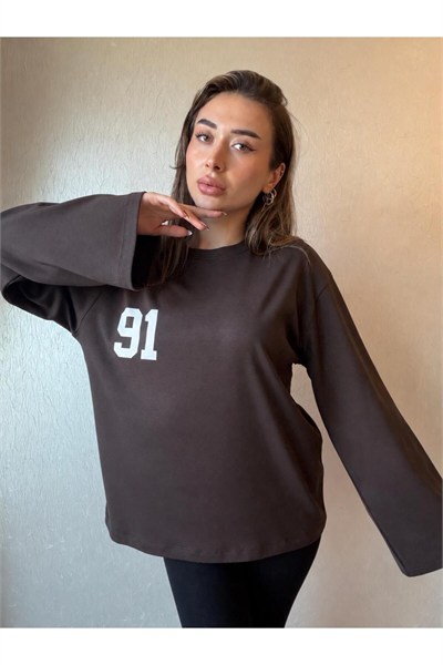 91 Baskılı Oversize Uzun Kollu Sweatshirt