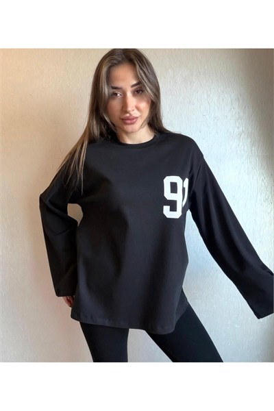 91 Baskılı Oversize Uzun Kollu Sweatshirt