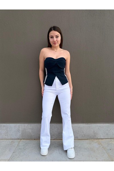 Beyaz İspanyol Paça Jean Pantolon – Yüksek Bel Kadın Denim Pantolon