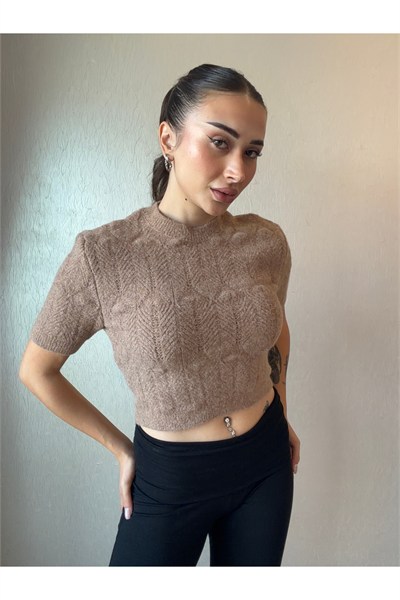 Bisiklet Yaka Ajurlu Kabartma Desenli Kısa Kollu Yumuşak Triko Kazak