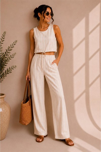 Çizgili Keten Görünümlü Crop Bluz Pantolon Takımı