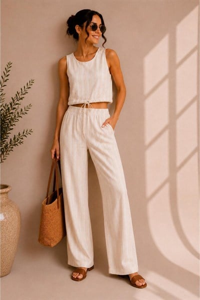 Çizgili Keten Görünümlü Crop Bluz Pantolon Takımı