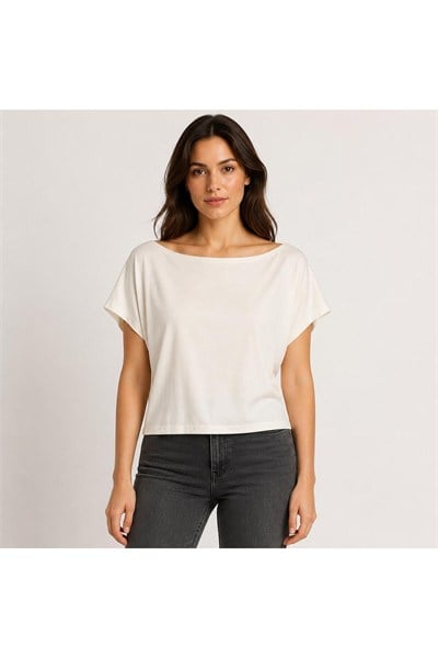 Ekru Kayık Yaka Salaş T-ShirT
