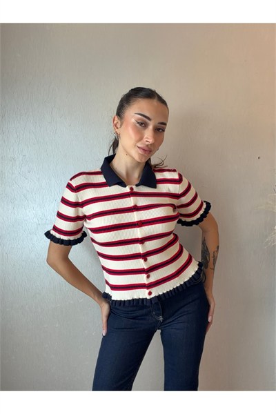 Fırfır Detay Çizgili Triko Hırka
