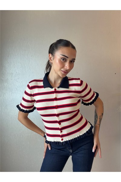 Fırfır Detay Çizgili Triko Hırka