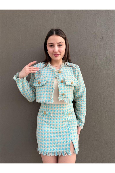 Gold Düğmeli Tweed Ceket & Mini Etek Takım 
