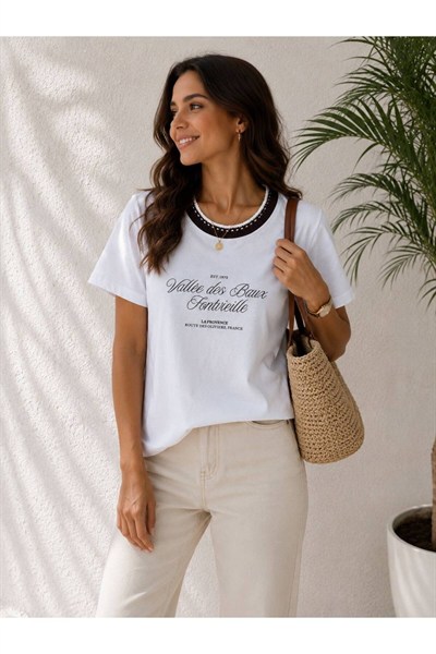 İşlemeli %100 Pamuk Baskılı Kadın Tshirt