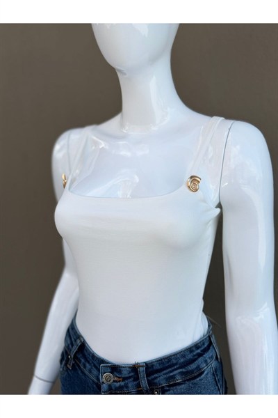 Kadın Askılı Slim Fit Bodysuit Metal Detaylı Şık Yazlık Bodysuit