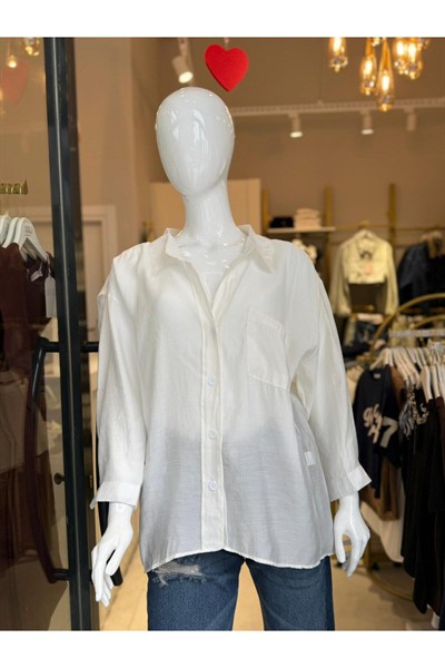 Kadın Beyaz Oversize Salaş Gömlek Cepli Yazlık Basic Gömlek