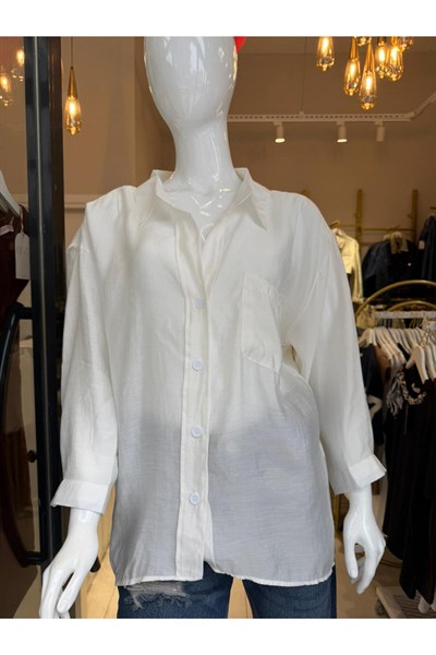 Kadın Beyaz Oversize Salaş Gömlek Cepli Yazlık Basic Gömlek