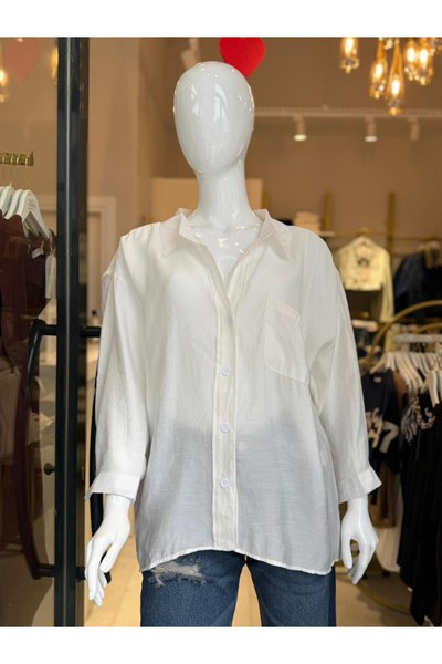 Kadın Beyaz Oversize Salaş Gömlek Cepli Yazlık Basic Gömlek
