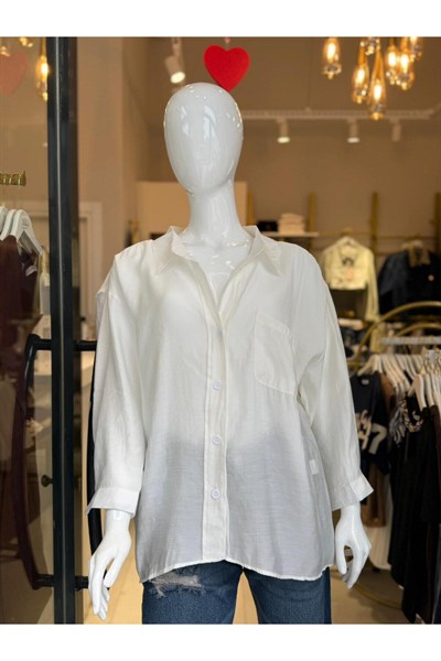Kadın Beyaz Oversize Salaş Gömlek Cepli Yazlık Basic Gömlek