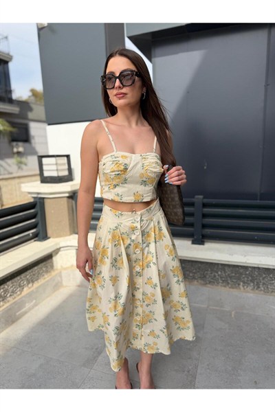 Kadın Çiçek Desenli Crop Bluz & Midi Etek Takım
