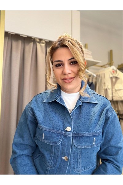 Kadın Jean Ceket Taş Detaylı Mavi Denim Ceket