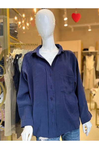 Kadın Oversize Salaş Gömlek Cepli Uzun Kollu Basic Şık Gömlek