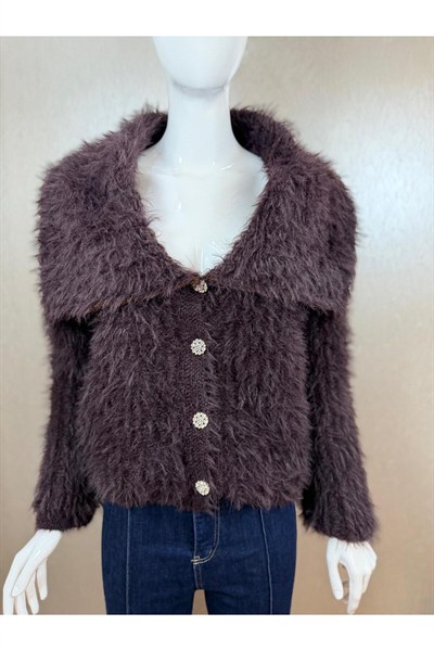 Kadın Peluş Dokulu Taş Düğmeli Crop Hırka