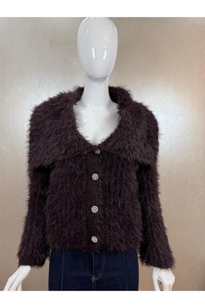 Kadın Peluş Dokulu Taş Düğmeli Crop Hırka