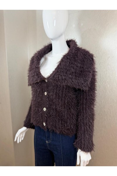 Kadın Peluş Dokulu Taş Düğmeli Crop Hırka