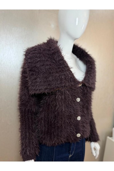 Kadın Peluş Dokulu Taş Düğmeli Crop Hırka