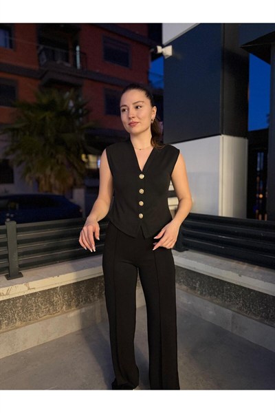 Kadın Şık Takım Yelekli Pantolon Gold Düğme Detaylı