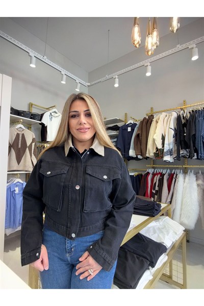 Kadın Siyah Kot Ceket Bej Kadife Yaka Detaylı Çıtçıtlı Kısa Denim Ceket
