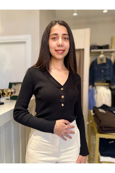 Kadın V Yaka Düğme Detaylı Fit Bluz – Uzun Kollu Triko Görünümlü Basic Üst