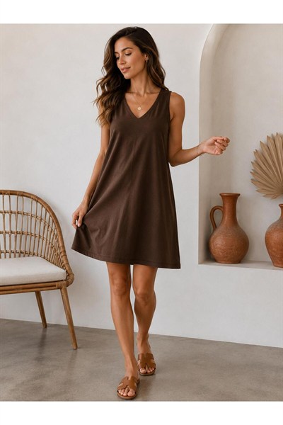 Kadın V Yaka Kolsuz Salaş Elbise