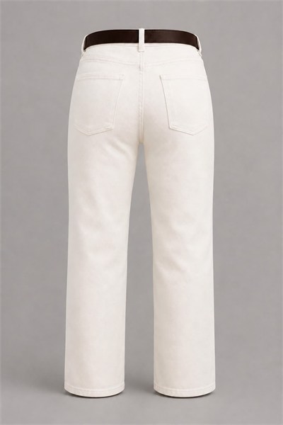 Kadın Yüksek Bel Kemerli Straight Fit Krem Jean Pantolon