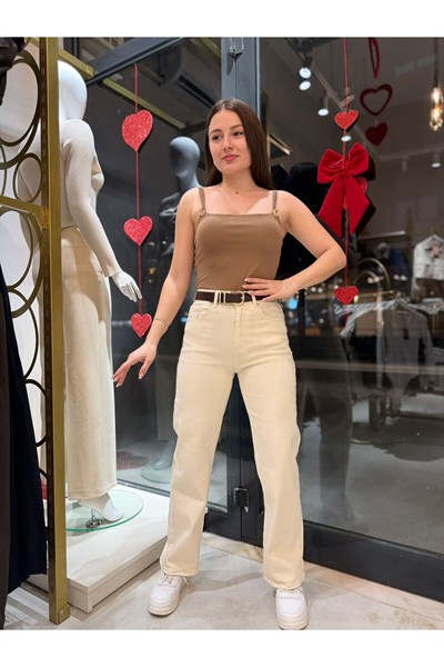 Kadın Yüksek Bel Kemerli Straight Fit Krem Jean Pantolon
