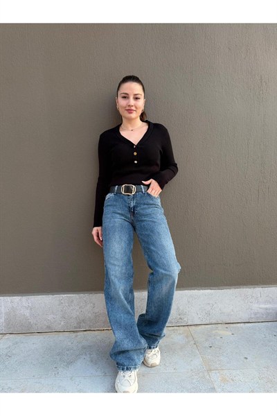 Kadın Yüksek Bel Kemerli Wide leg Jean Pantolon