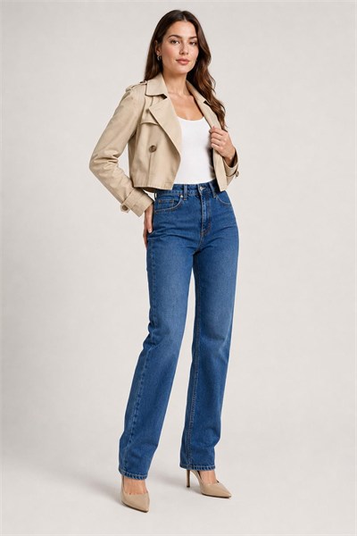Kadın Yüksek Bel Straight Fit Koyu Mavi Jean Pantolon