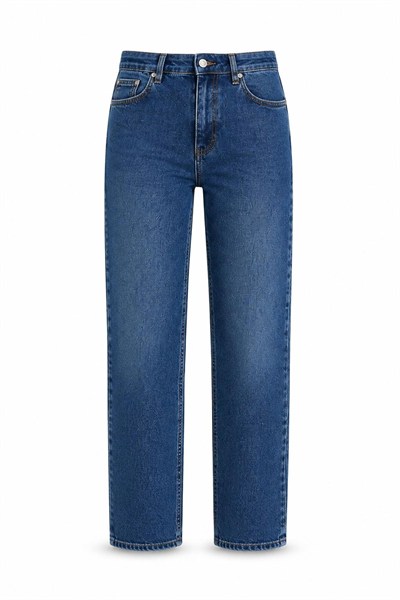 Kadın Yüksek Bel Straight Fit Koyu Mavi Jean Pantolon