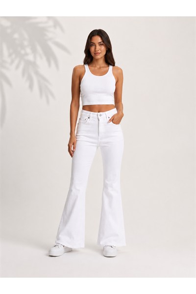 Kadın Yüksek Bel Wide Leg Beyaz Jean Pantolon