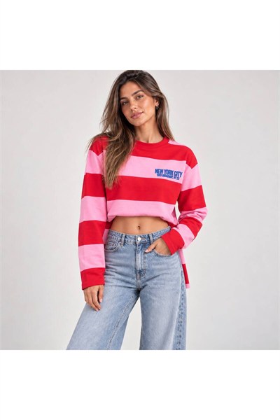 New York Baskılı Oversize Çizgili Sweatshirt