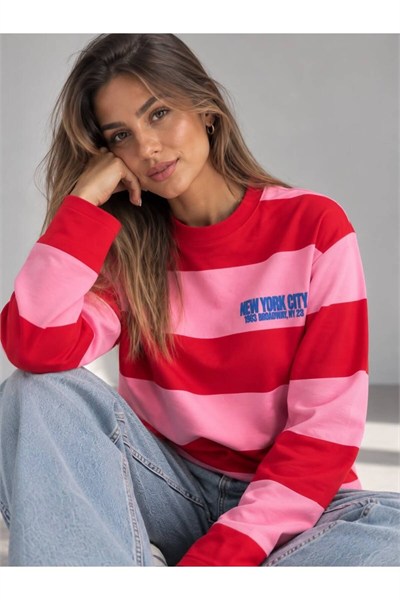 New York Baskılı Oversize Çizgili Sweatshirt