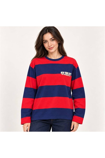 New York Baskılı Oversize Çizgili Sweatshirt