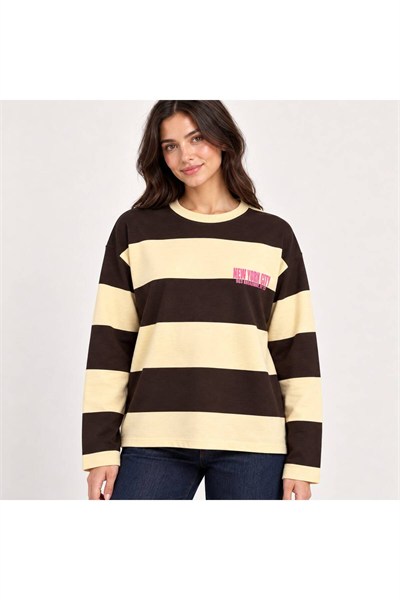 New York Baskılı Oversize Çizgili Sweatshirt