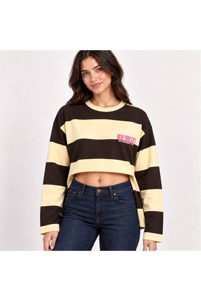 New York Baskılı Oversize Çizgili Sweatshirt