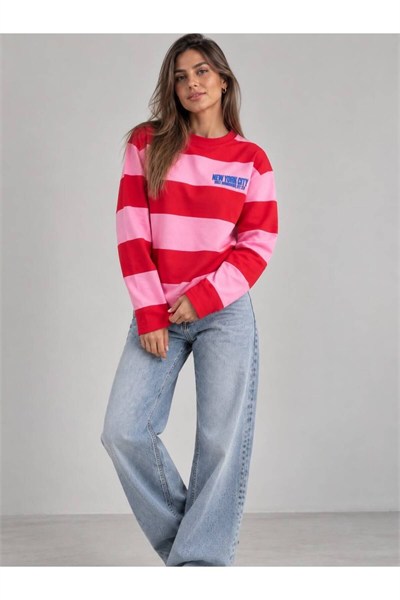 New York Baskılı Oversize Çizgili Sweatshirt
