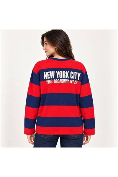 New York Baskılı Oversize Çizgili Sweatshirt