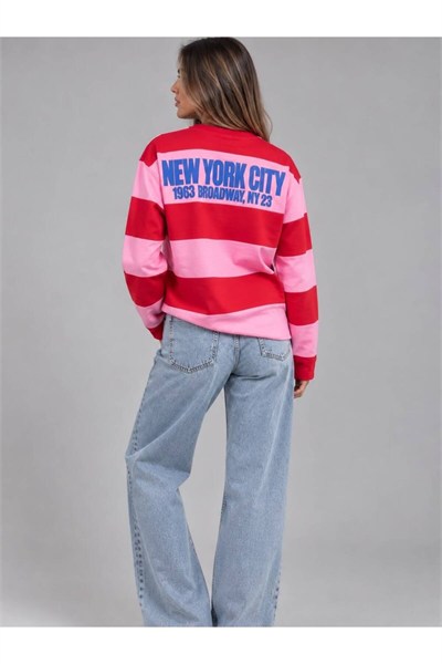 New York Baskılı Oversize Çizgili Sweatshirt