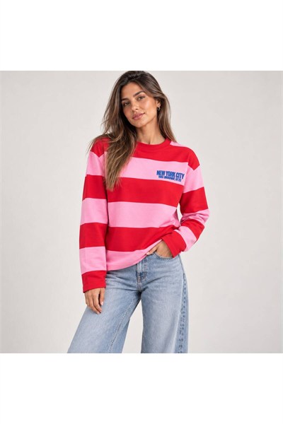 New York Baskılı Oversize Çizgili Sweatshirt