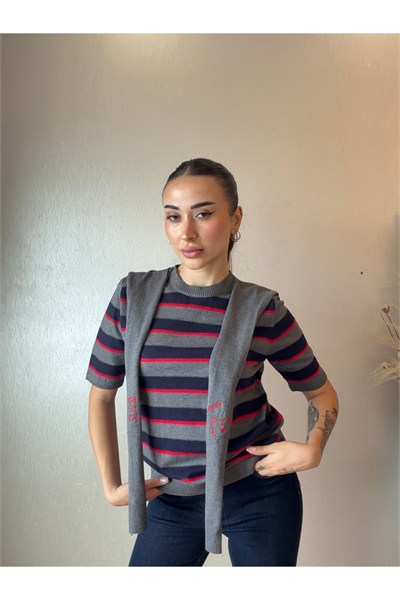Şal Detaylı Çizgili Kısa Kollu Triko Bluz