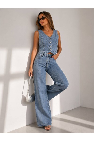Taş Detaylı Yelek Pantolon Denim Takım