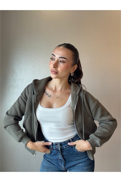 Üç İplik Kapşonlu Fermuarlı Sweatshirt